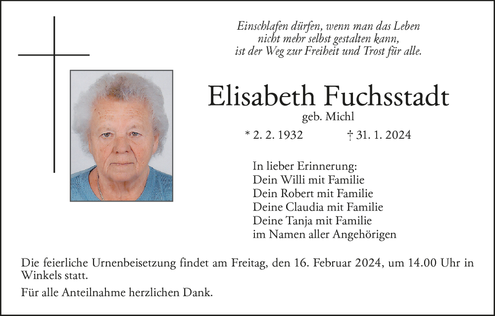  Traueranzeige für Elisabeth Fuchsstadt vom 10.02.2024 aus MGO