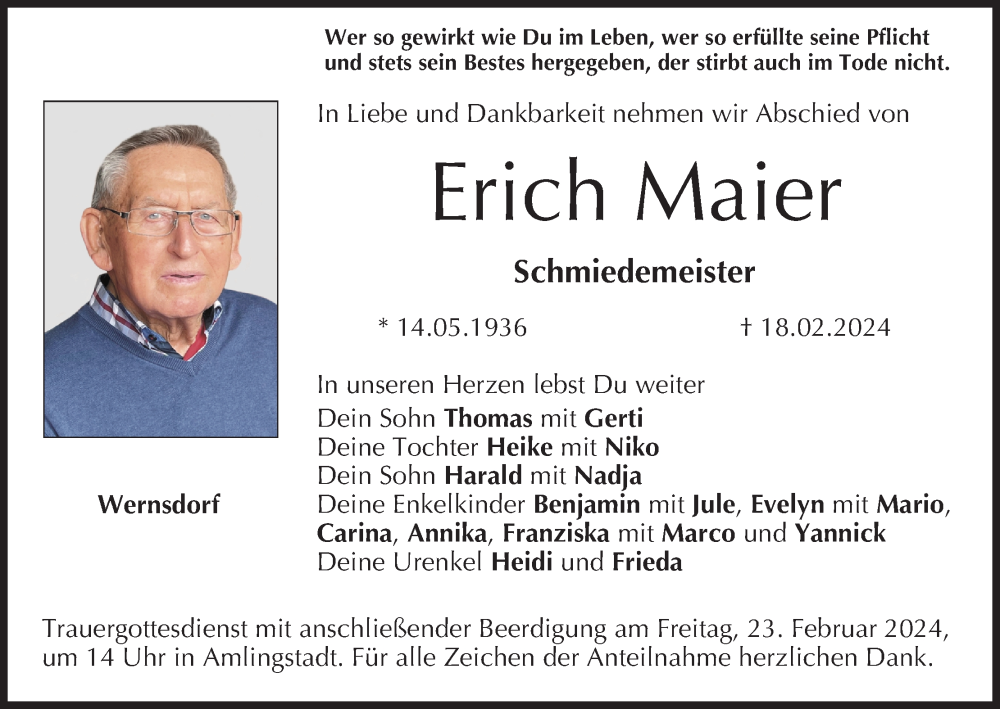  Traueranzeige für Erich Maier vom 21.02.2024 aus MGO