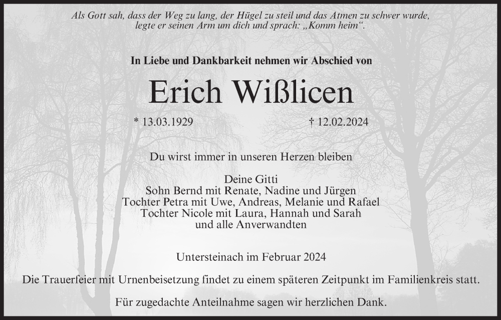  Traueranzeige für Erich Wißlicen vom 17.02.2024 aus MGO