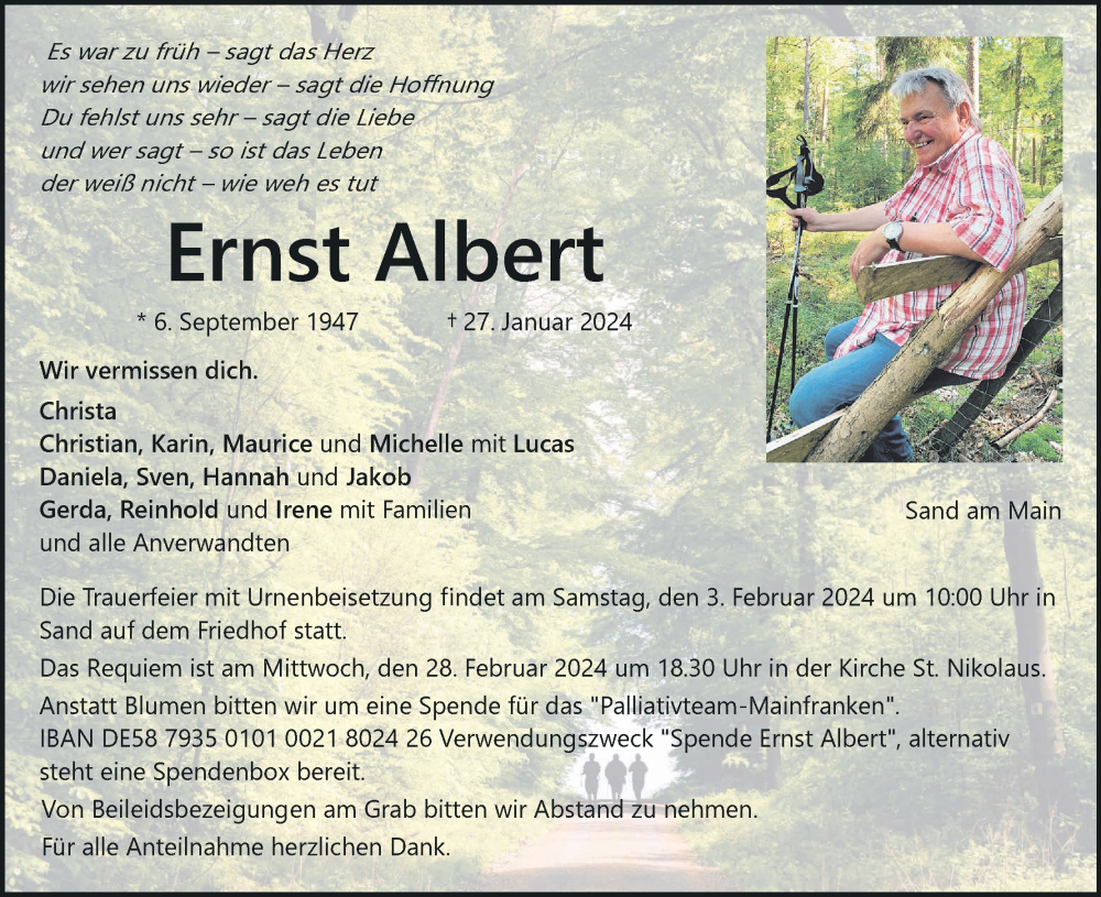  Traueranzeige für Ernst Albert vom 31.01.2024 aus MGO