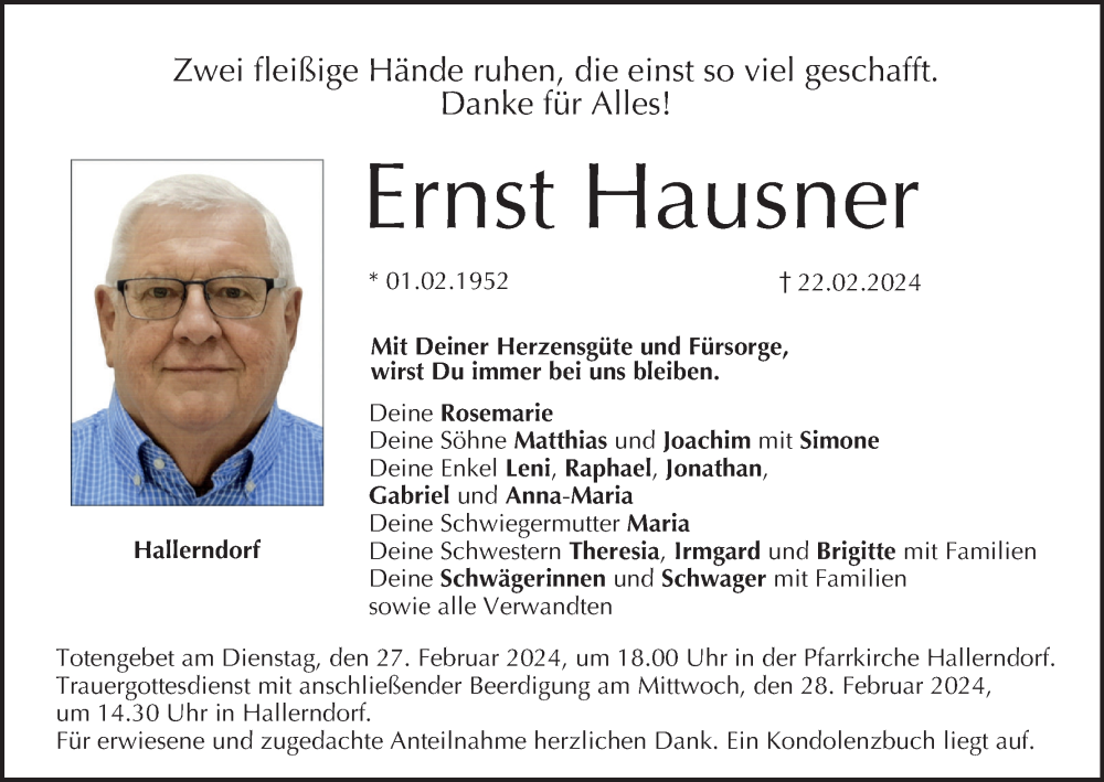  Traueranzeige für Ernst Hausner vom 24.02.2024 aus MGO