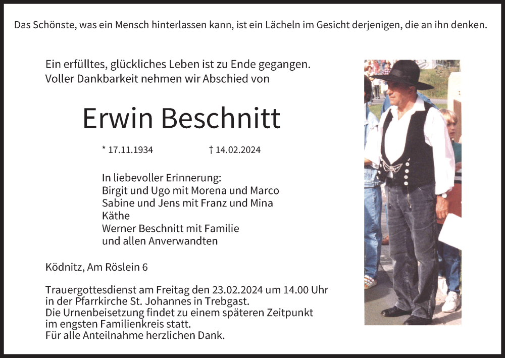  Traueranzeige für Erwin Beschnitt vom 17.02.2024 aus MGO