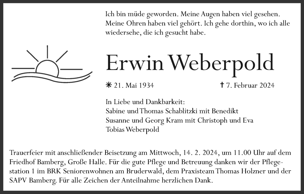  Traueranzeige für Erwin Weberpold vom 10.02.2024 aus MGO