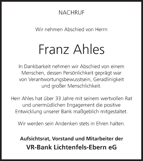 Anzeige von Franz Ahles von MGO