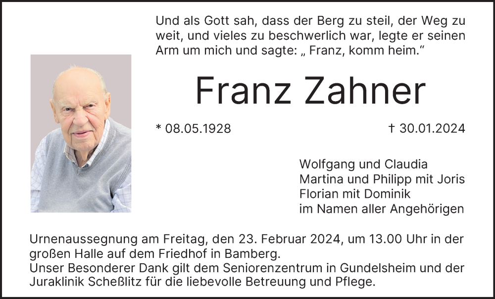  Traueranzeige für Franz Zahner vom 17.02.2024 aus MGO
