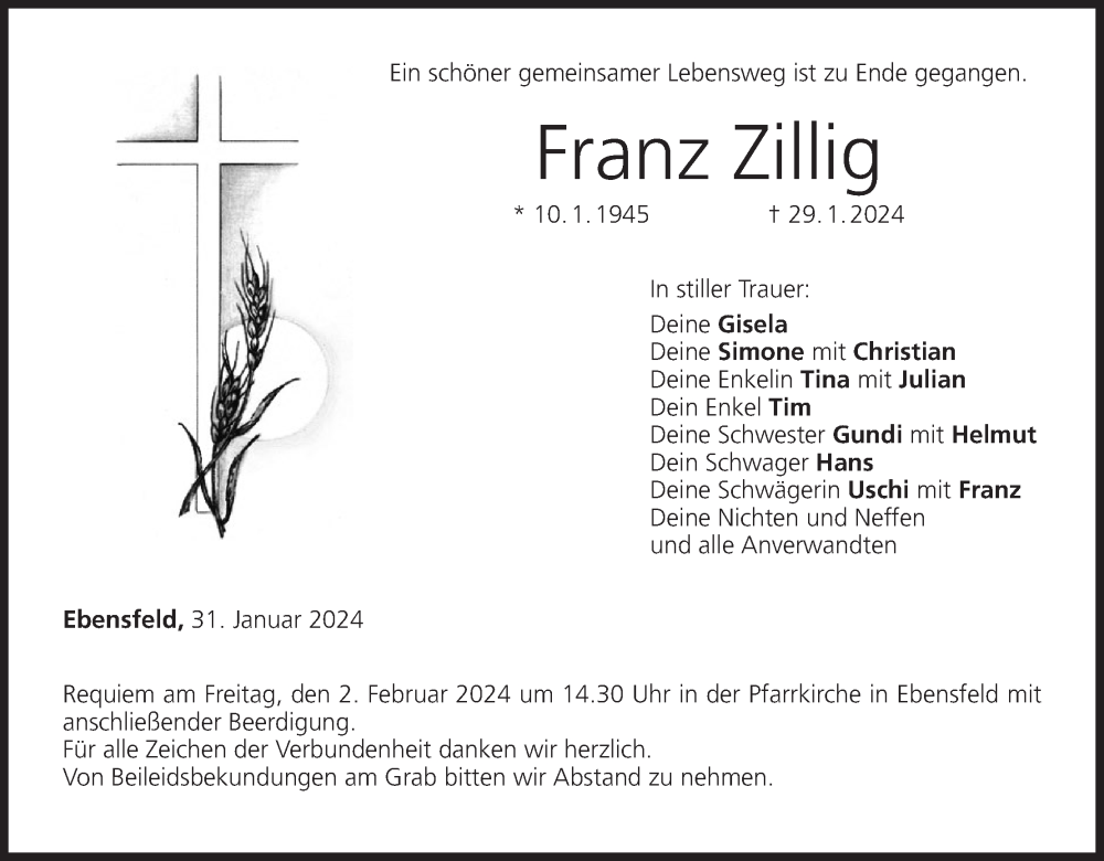  Traueranzeige für Franz Zillig vom 31.01.2024 aus MGO