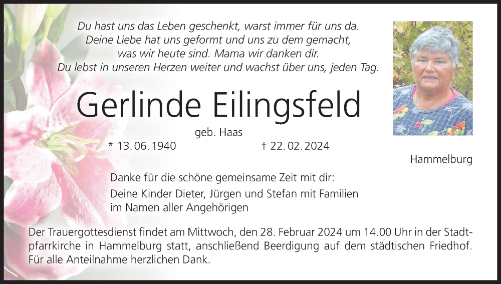  Traueranzeige für Gerlinde Eilingsfeld vom 24.02.2024 aus MGO
