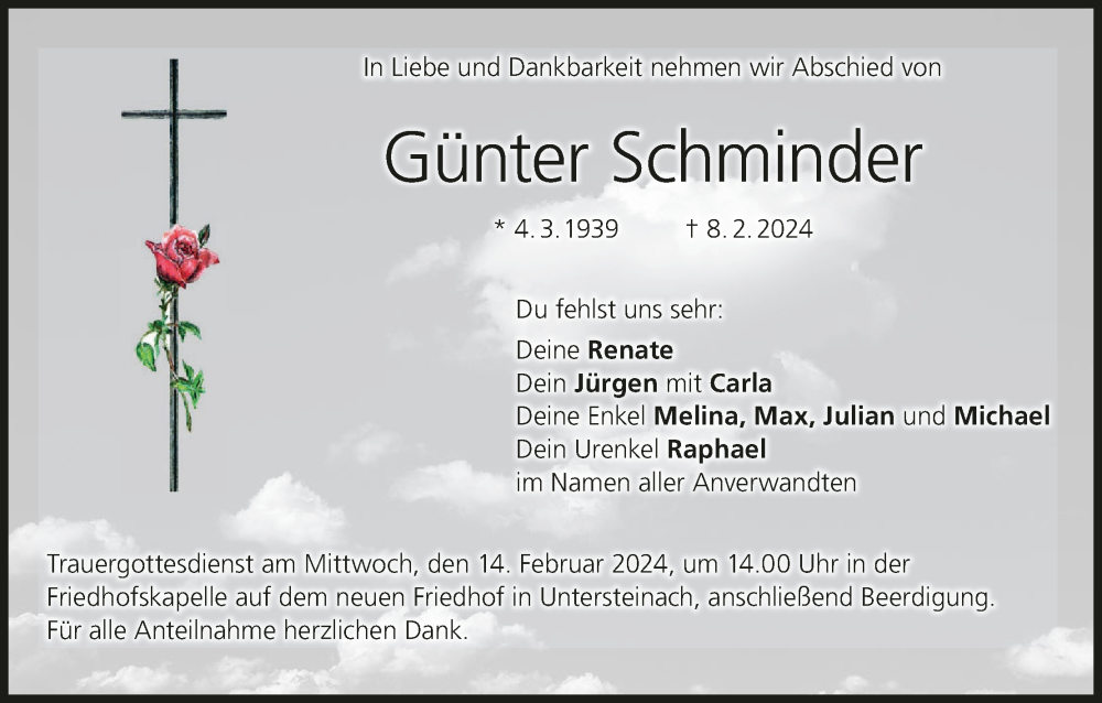  Traueranzeige für Günter Schminder vom 10.02.2024 aus MGO