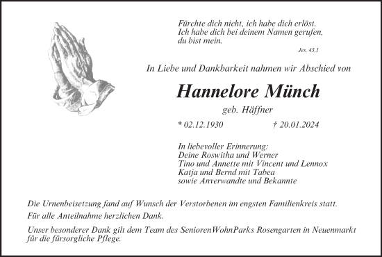 Anzeige von Hannelore Münch von MGO