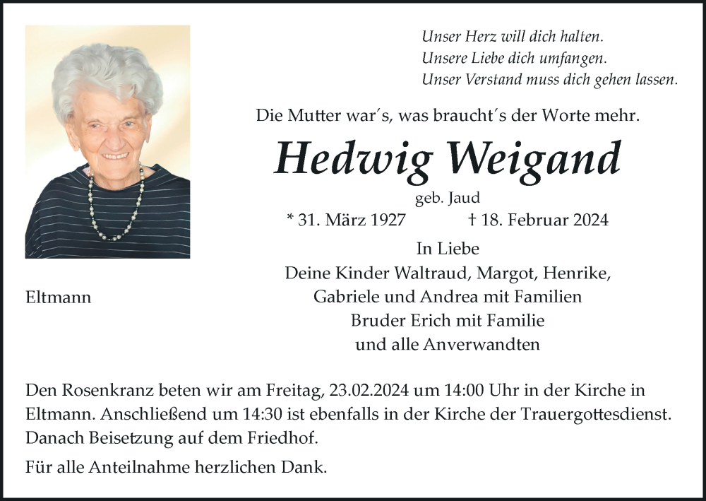  Traueranzeige für Hedwig Weigand vom 20.02.2024 aus MGO