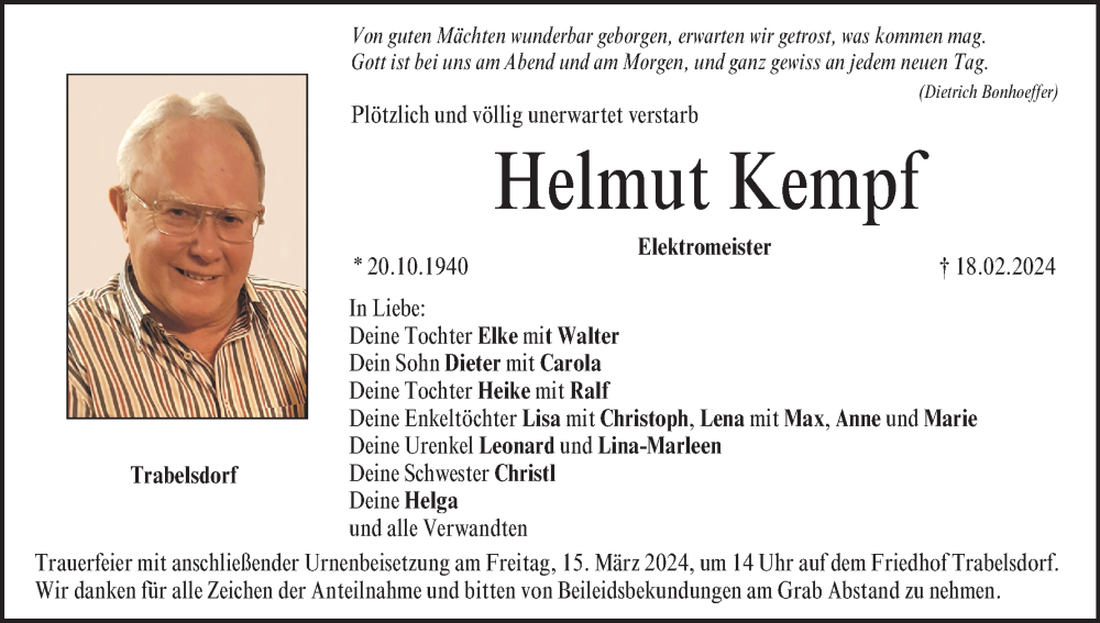  Traueranzeige für Helmut Kempf vom 24.02.2024 aus MGO
