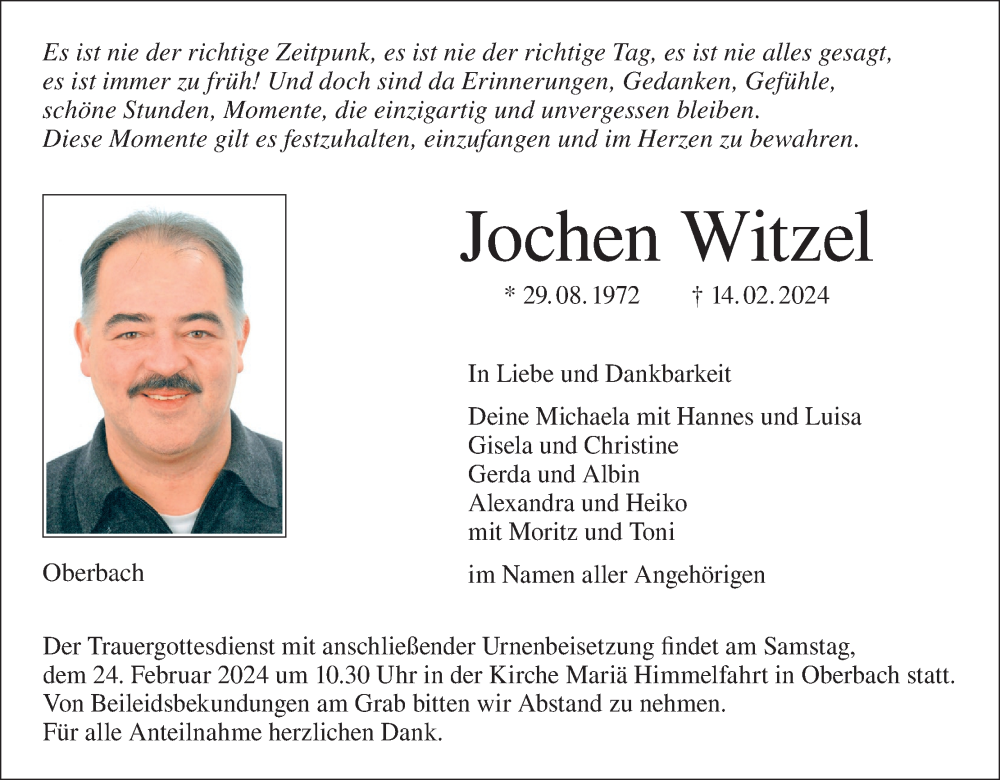  Traueranzeige für Jochen Witzel vom 21.02.2024 aus MGO
