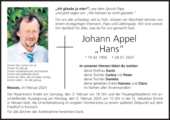 Anzeige von Johann Appel von MGO