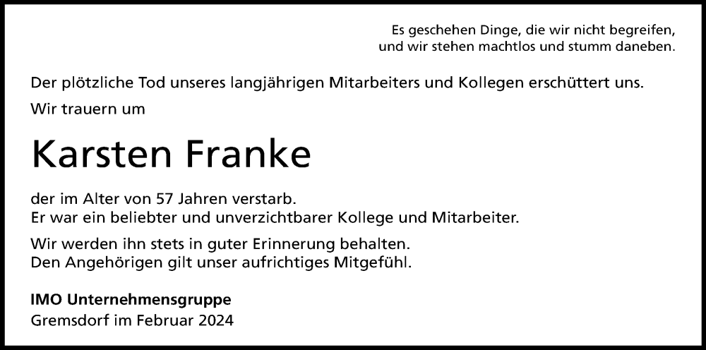  Traueranzeige für Karsten Franke vom 20.02.2024 aus MGO