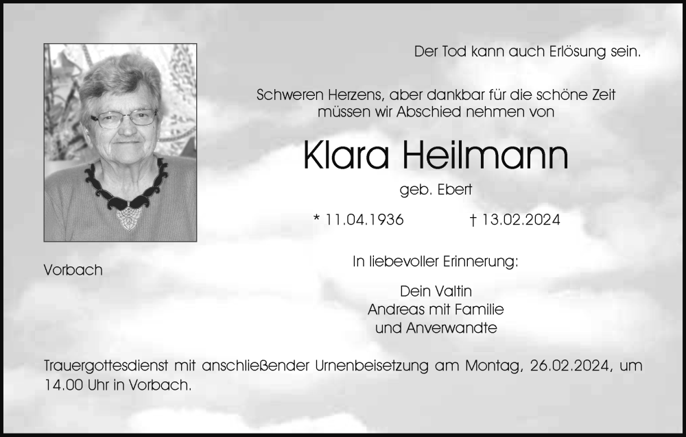  Traueranzeige für Klara Heilmann vom 17.02.2024 aus MGO