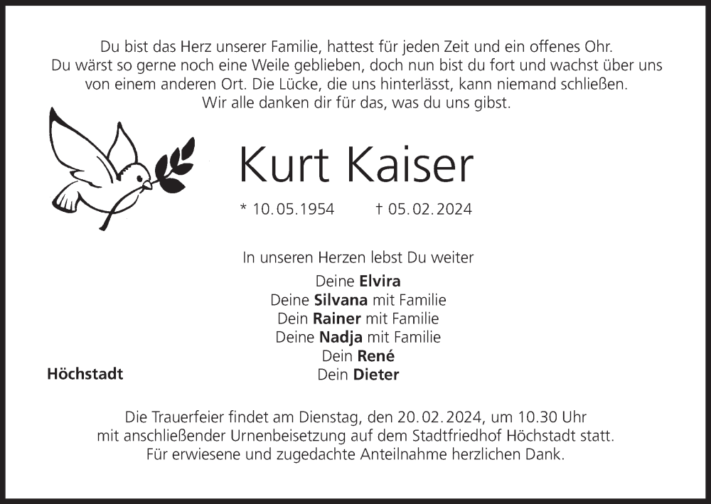  Traueranzeige für Kurt Kaiser vom 17.02.2024 aus MGO