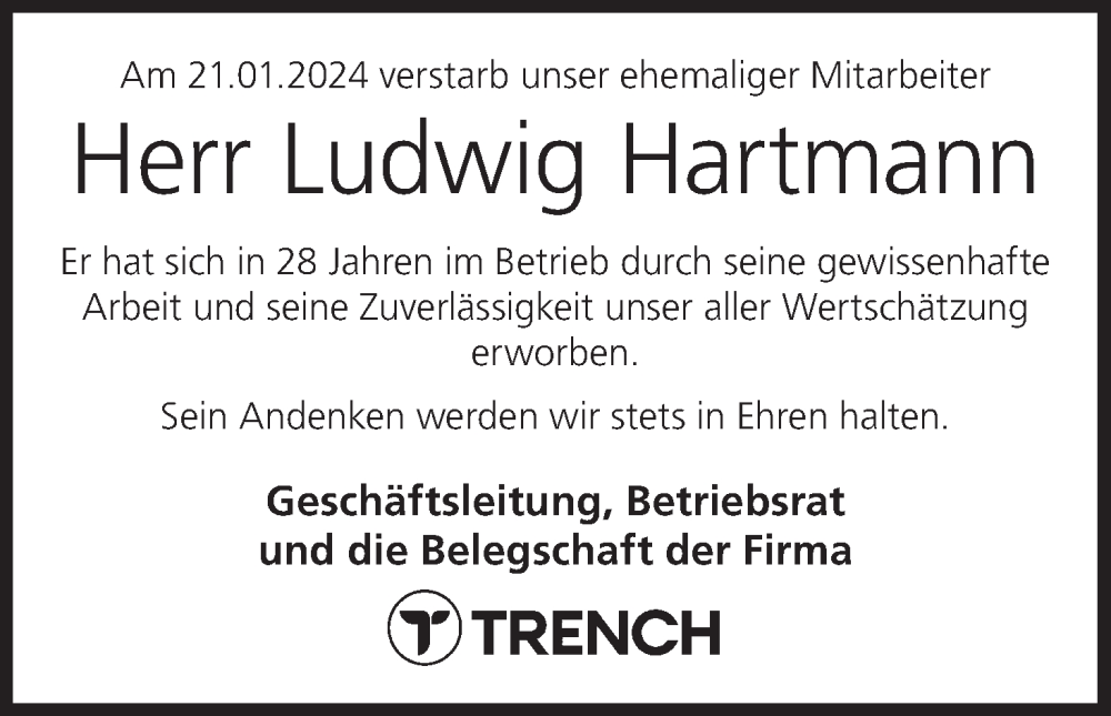  Traueranzeige für Ludwig Hartmann vom 17.02.2024 aus MGO