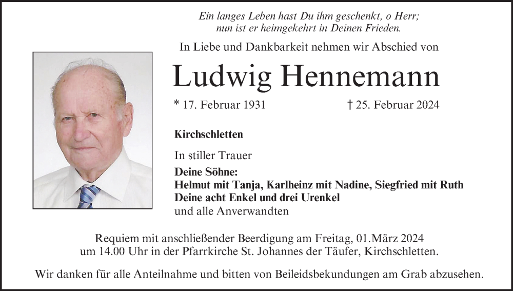  Traueranzeige für Ludwig Hennemann vom 27.02.2024 aus MGO