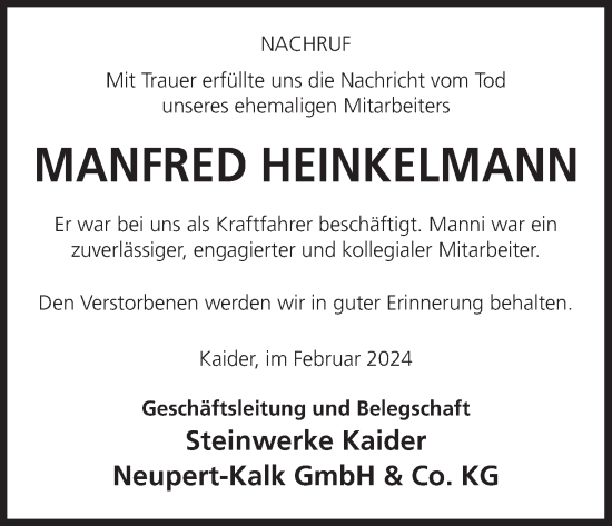 Anzeige von Manfred Heinkelmann von MGO