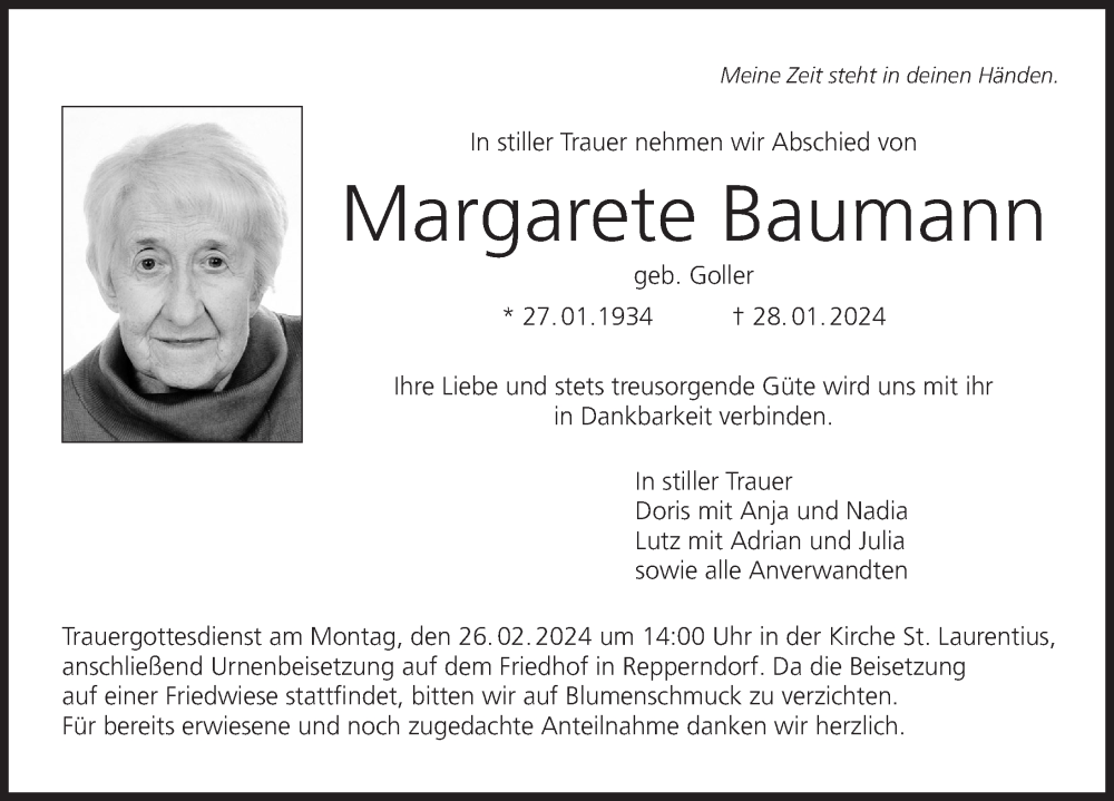  Traueranzeige für Margarete Baumann vom 21.02.2024 aus MGO