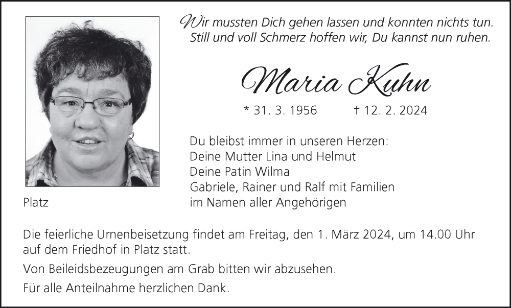  Traueranzeige für Maria Kuhn vom 24.02.2024 aus MGO