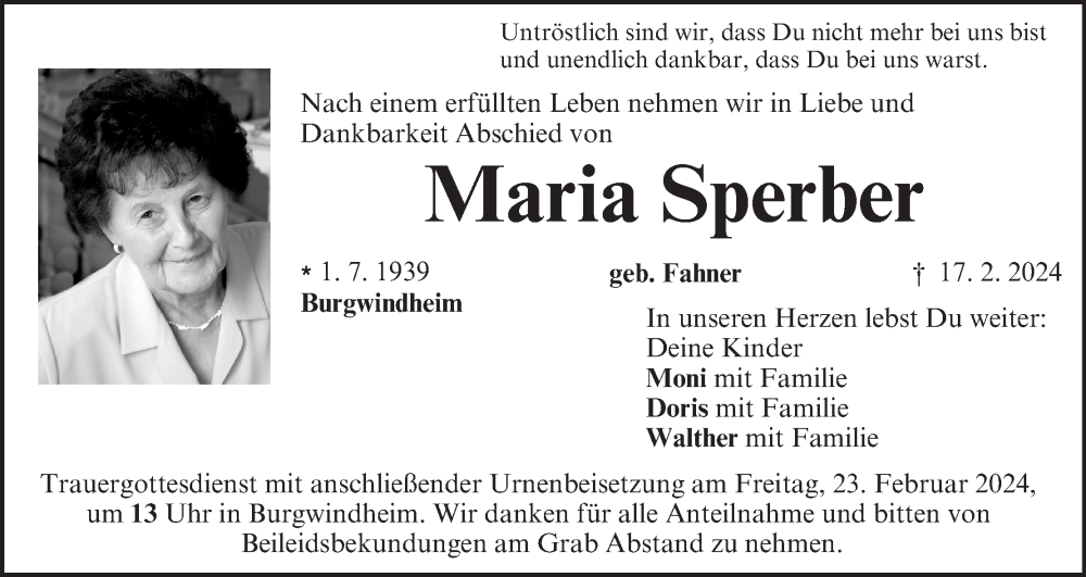  Traueranzeige für Maria Sperber vom 20.02.2024 aus MGO