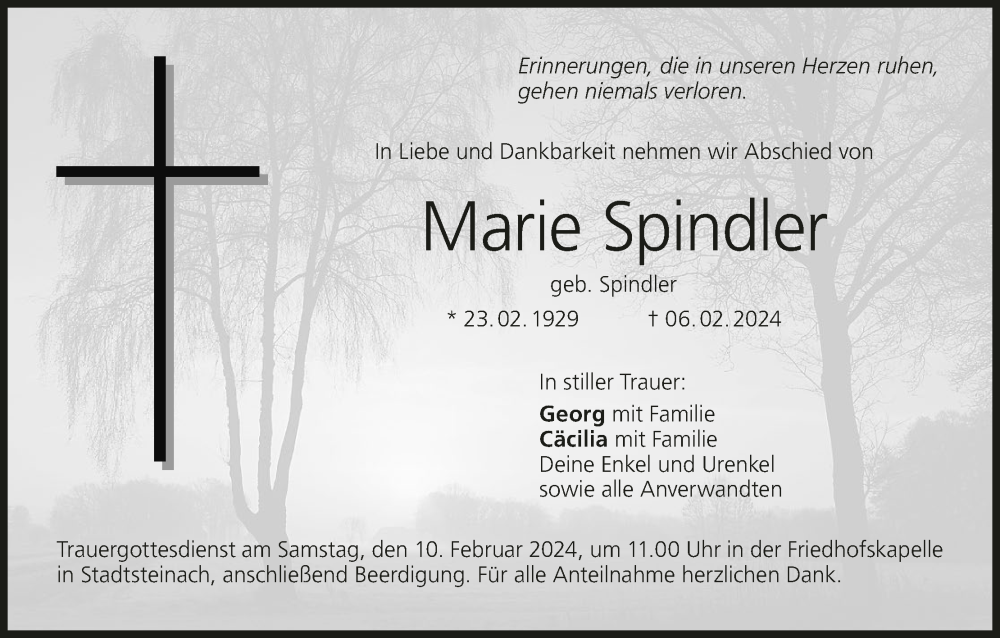  Traueranzeige für Marie Spindler vom 08.02.2024 aus MGO