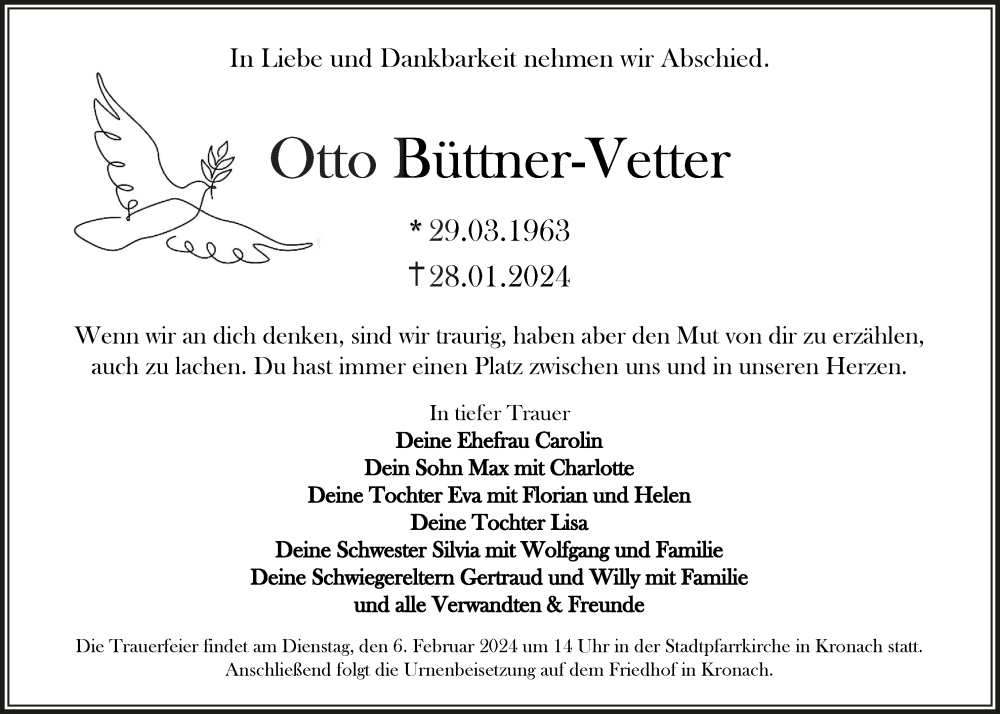  Traueranzeige für Otto Büttner-Vetter vom 03.02.2024 aus MGO