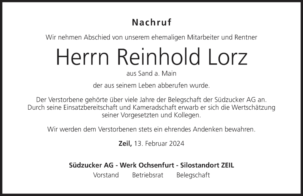  Traueranzeige für Reinhold Lorz vom 13.02.2024 aus MGO