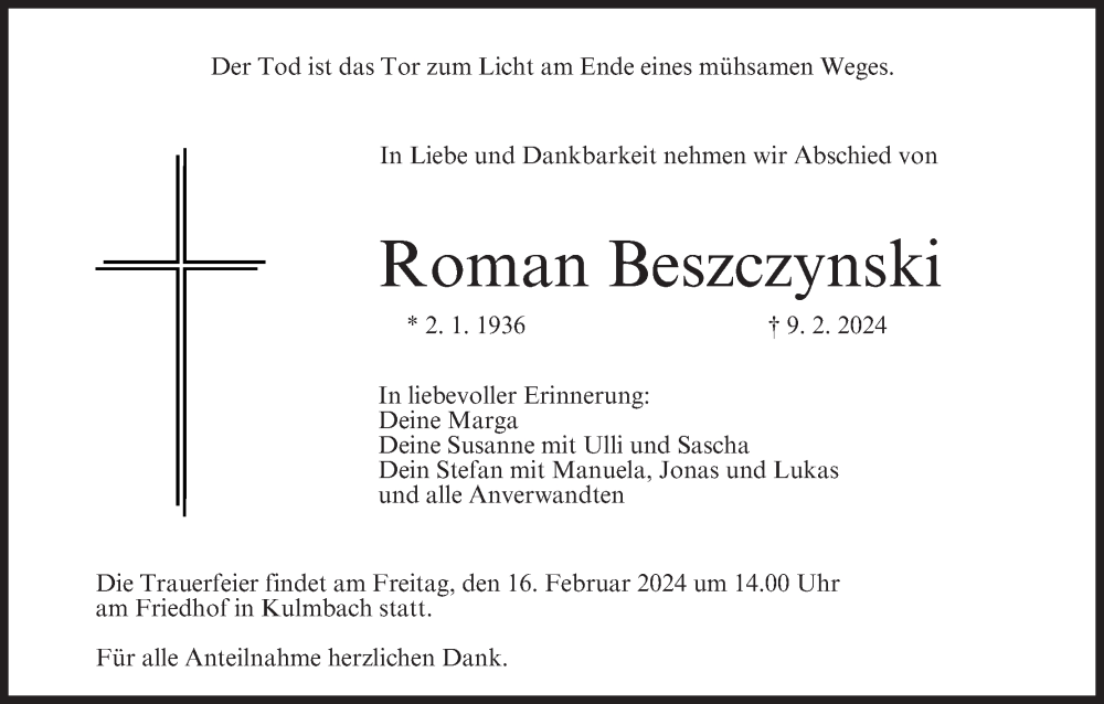  Traueranzeige für Roman Beszczynski vom 14.02.2024 aus MGO