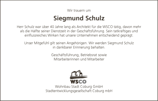 Anzeige von Siegmund Schulz von MGO
