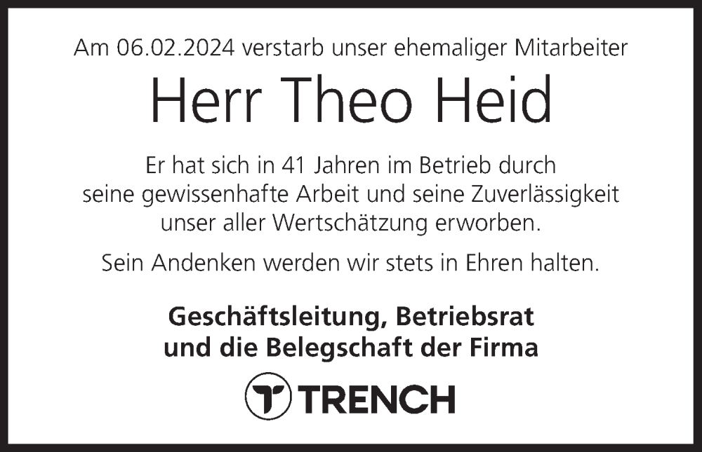  Traueranzeige für Theo Heid vom 17.02.2024 aus MGO