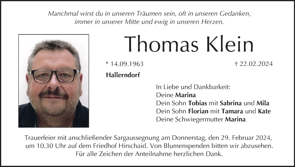  Traueranzeige für Thomas Klein vom 27.02.2024 aus MGO