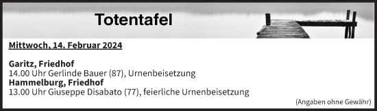 Anzeige von Totentafel vom 14.02.2024 von MGO