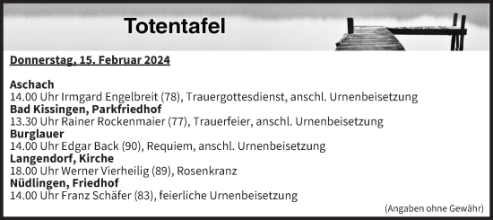 Anzeige von Totentafel vom 15.02.2024 von MGO