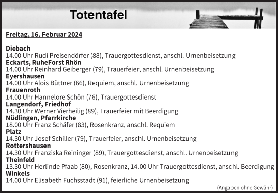 Anzeige von Totentafel vom 16.02.2024 von MGO