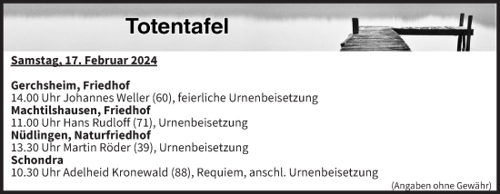 Anzeige von Totentafel vom 17.02.2024 von MGO