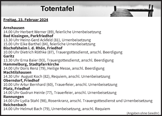 Anzeige von Totentafel vom 23.02.2024 von MGO