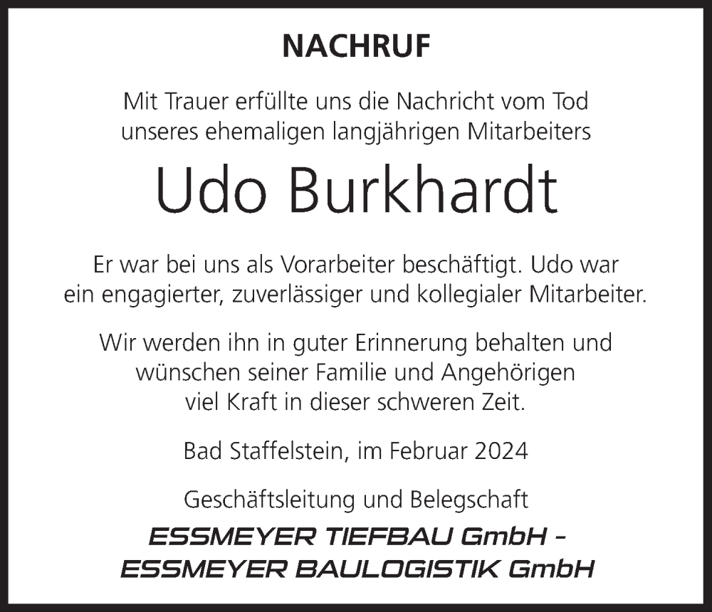  Traueranzeige für Udo Burkhardt vom 10.02.2024 aus MGO