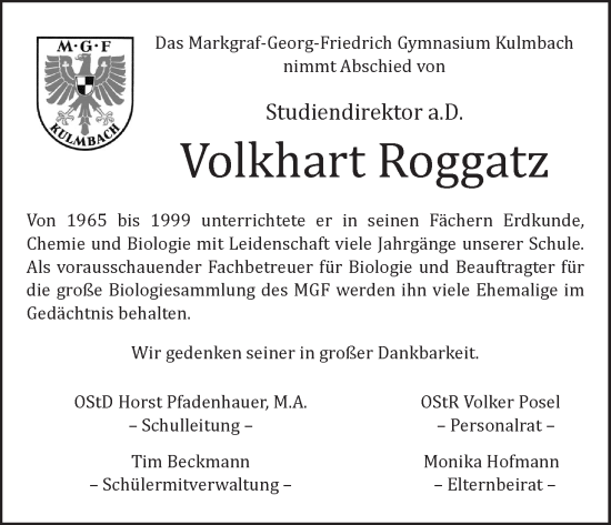 Anzeige von Volkhart Roggatz von MGO
