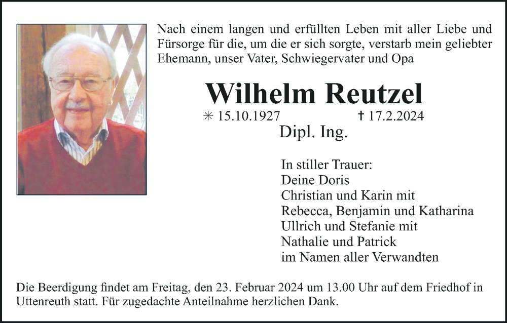  Traueranzeige für Wilhelm Reutzel vom 20.02.2024 aus MGO