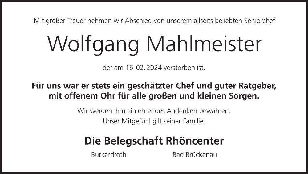  Traueranzeige für Wolfgang Mahlmeister vom 24.02.2024 aus MGO