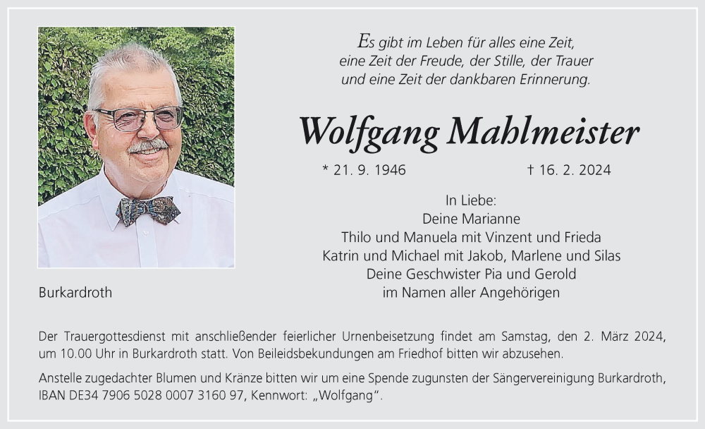  Traueranzeige für Wolfgang Mahlmeister vom 24.02.2024 aus MGO