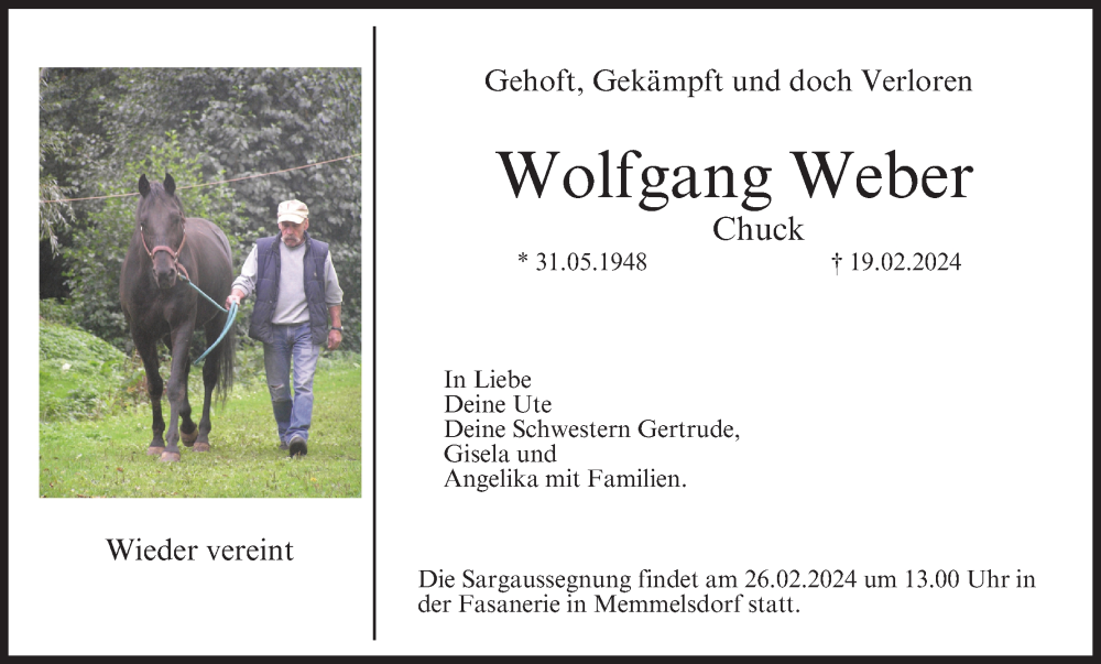 Traueranzeige für Wolfgang Weber vom 22.02.2024 aus MGO