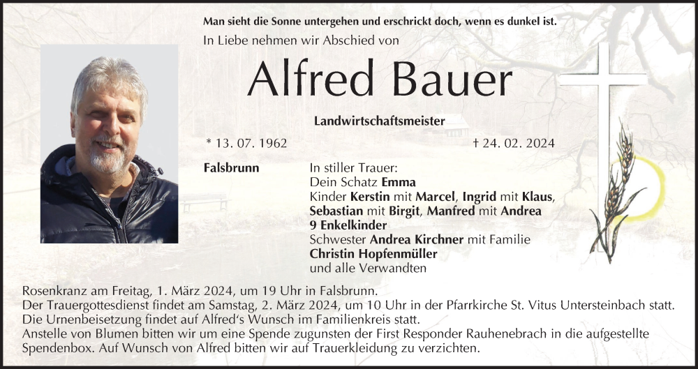  Traueranzeige für Alfred Bauer vom 29.02.2024 aus MGO