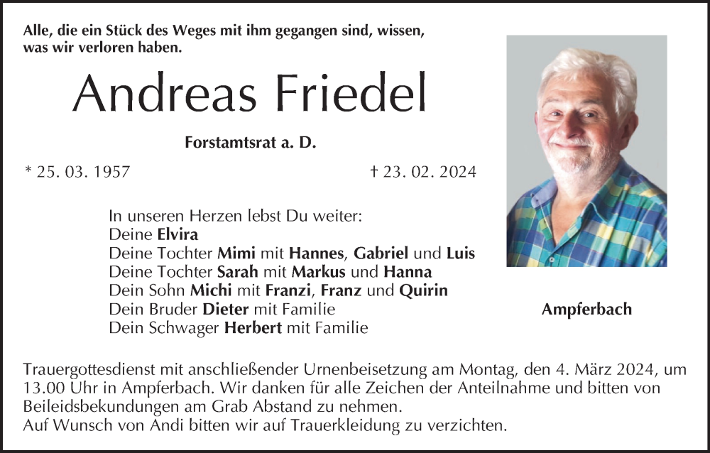  Traueranzeige für Andreas Friedel vom 01.03.2024 aus MGO