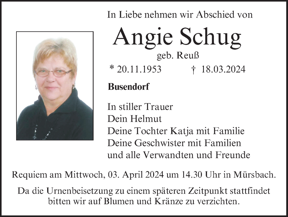  Traueranzeige für Angie Schug vom 30.03.2024 aus MGO