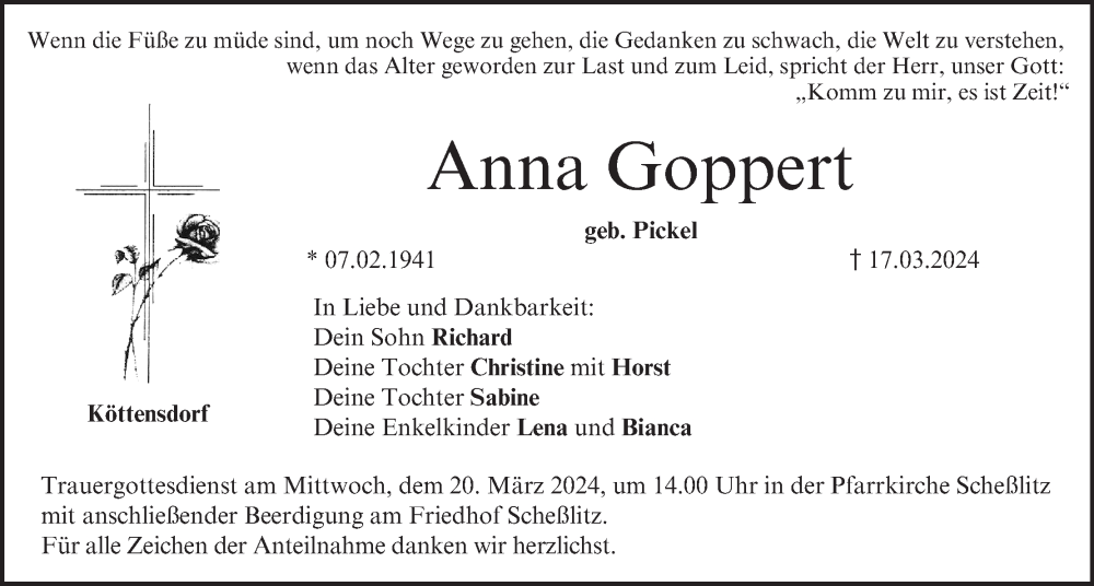 Traueranzeige für Anna Goppert vom 19.03.2024 aus MGO