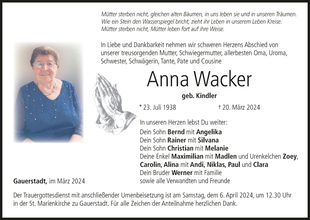  Traueranzeige für Anna Wacker vom 30.03.2024 aus MGO