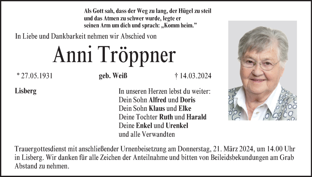  Traueranzeige für Anni Tröppner vom 16.03.2024 aus MGO